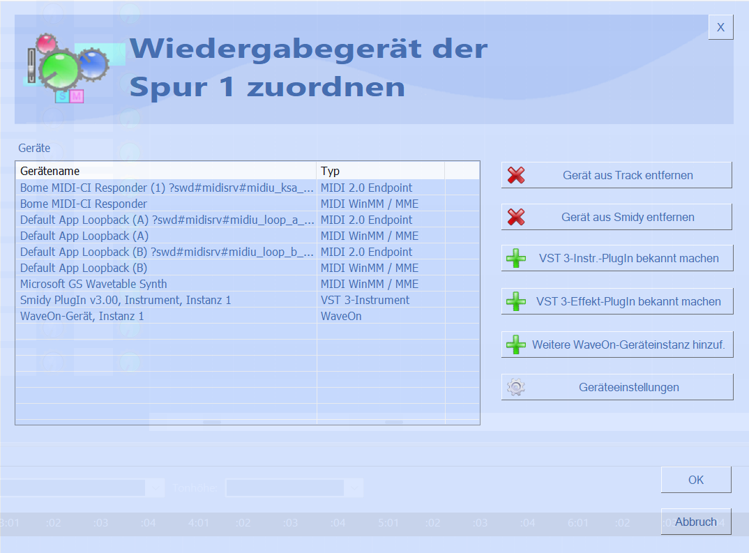 Smidy MIDI device selection showing MIDI 2.0 endpoints and MIDI WinMM / MME devices