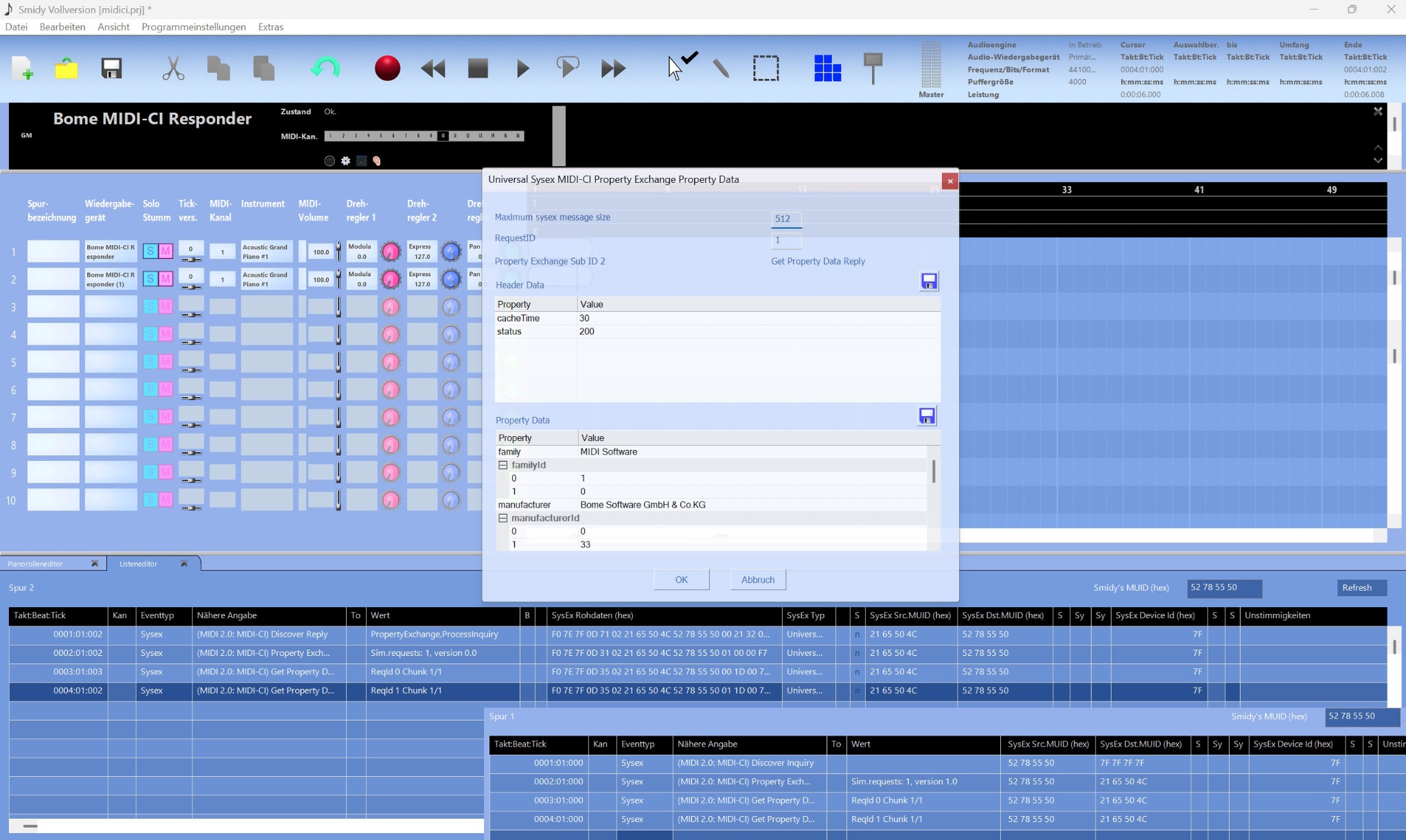 Smidy showing a MIDI-CI communication with the Bome MIDI-CI Responder and decoded Property Exchange data