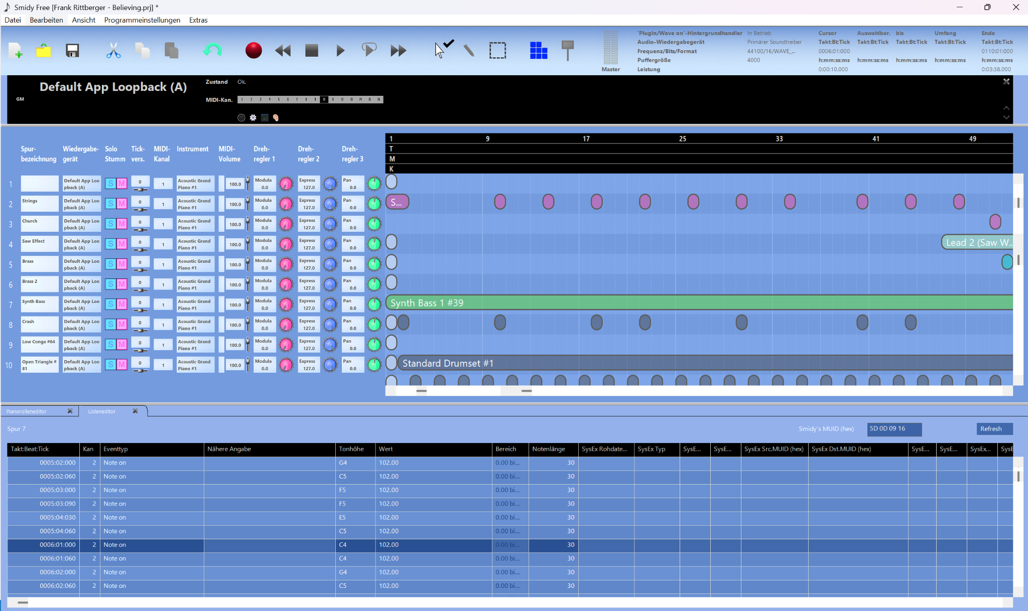 Smidy MIDI editor and event list